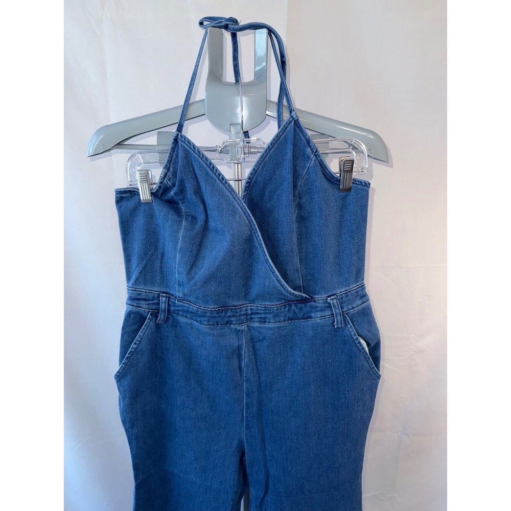 Fashion Nova Womens Denim Halter Jumpsuit Medium Wash Wide Leg XL BROS183 - Picture 9 of 9